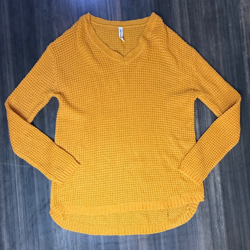 Zenana Outfitters Women's V Neck Long Sleeve Waffle Knit Sweater Mustard